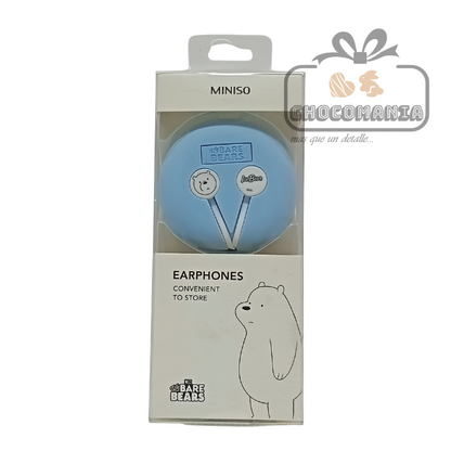 AUDIFONOS TIPO BOTON MINISO OSOS ESCANDALOSOS ESTUCHE Y MICROFONO AZUL - CHOCOMANIA