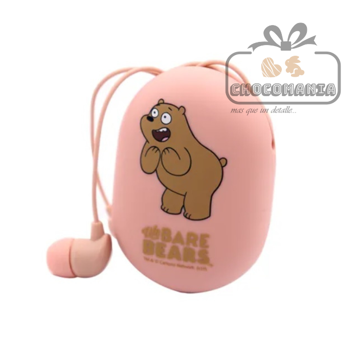 AUDIFONOS TIPO BOTON MINISO OSOS ESCANDALOSOS ESTUCHE Y MICROFONO ROSA - CHOCOMANIA
